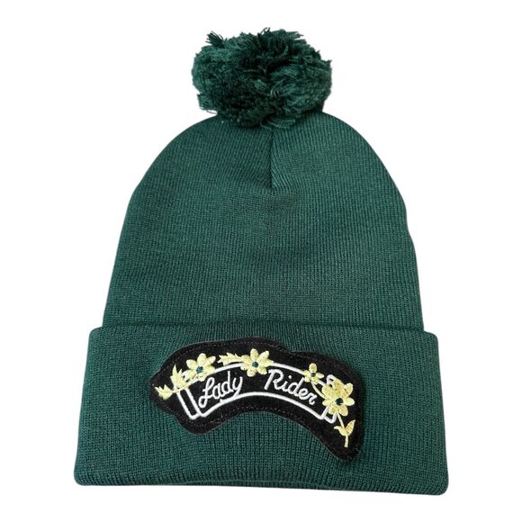 Lady Rider Black Velvet Flower Patch Hunter Green Cuff Pom Pom Beanie - Picture 1 of 4